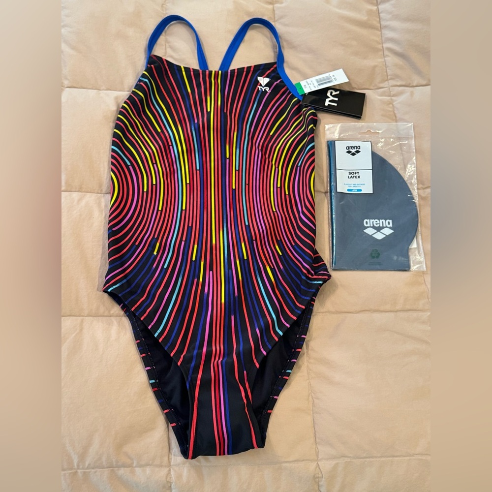 NWT TYR Durafast Navy Swimsuit with Colorful Design, size 36